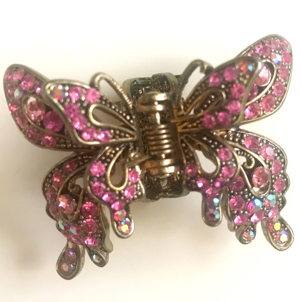 Brass-Toned Butterfly Hair Clip w Pink Line Stones